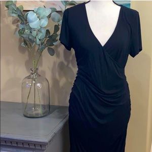 Women’s Black V Neck Waist Gathering Dress, PreOwned